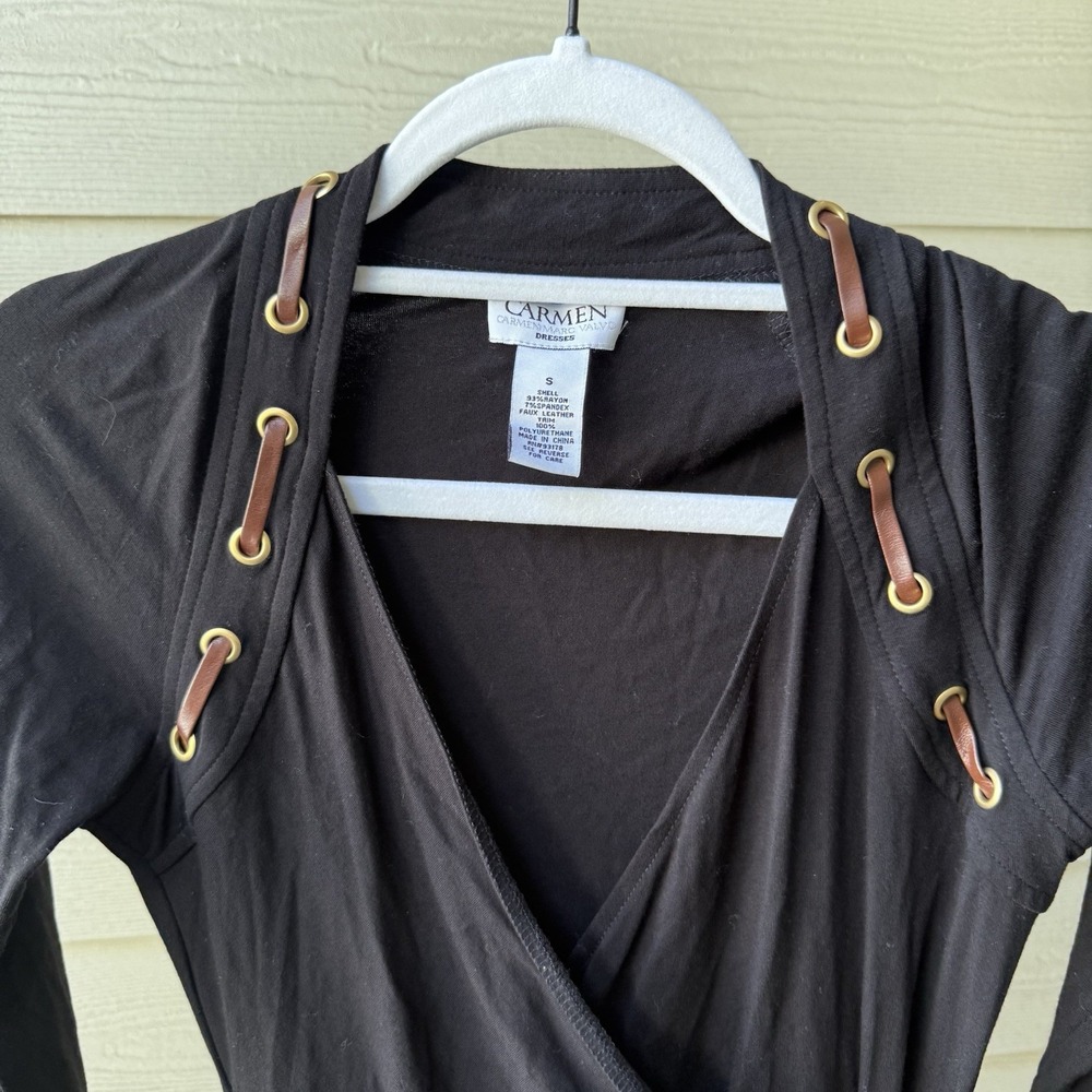 Carmen Marc Valvo Black Ruched Mock Wrap Dress Small Leather Detail LBD Cocktail - Picture 4 of 7